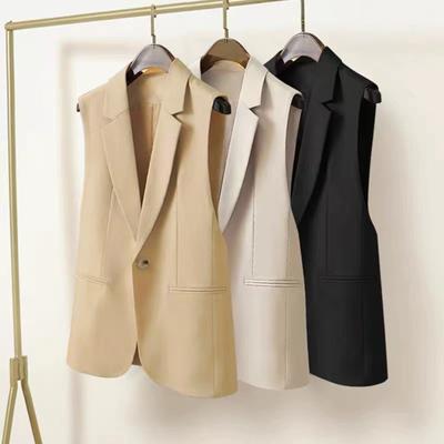 Women Suit Waistcoat Single Button Closure V Neck Lapel Sleeveless Cardigan Mid Length Solid Color Formal Business OL Commute Coat