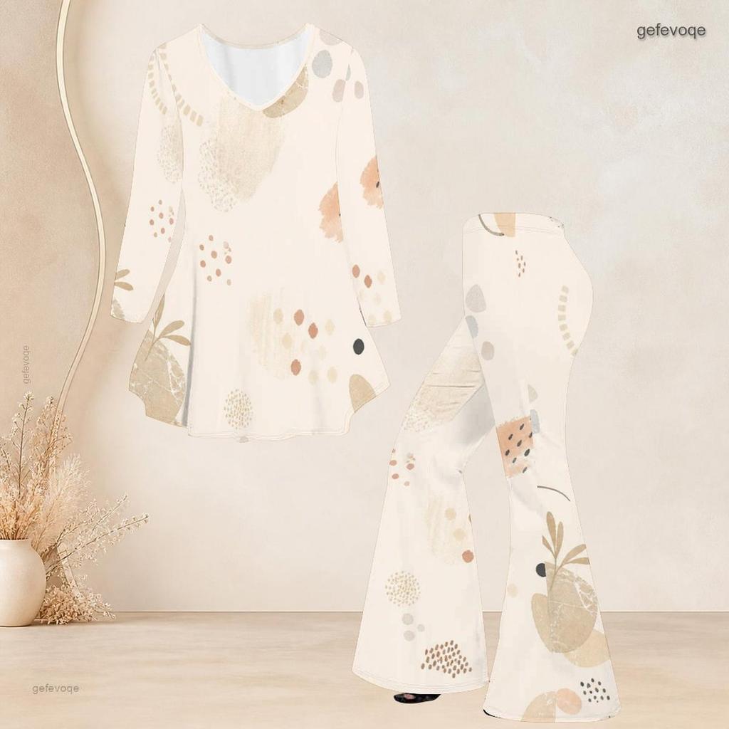 Women Plus Size V Neck Three Quarter Sleeve Printed Flared Top And Flared Pants Two Piece Set