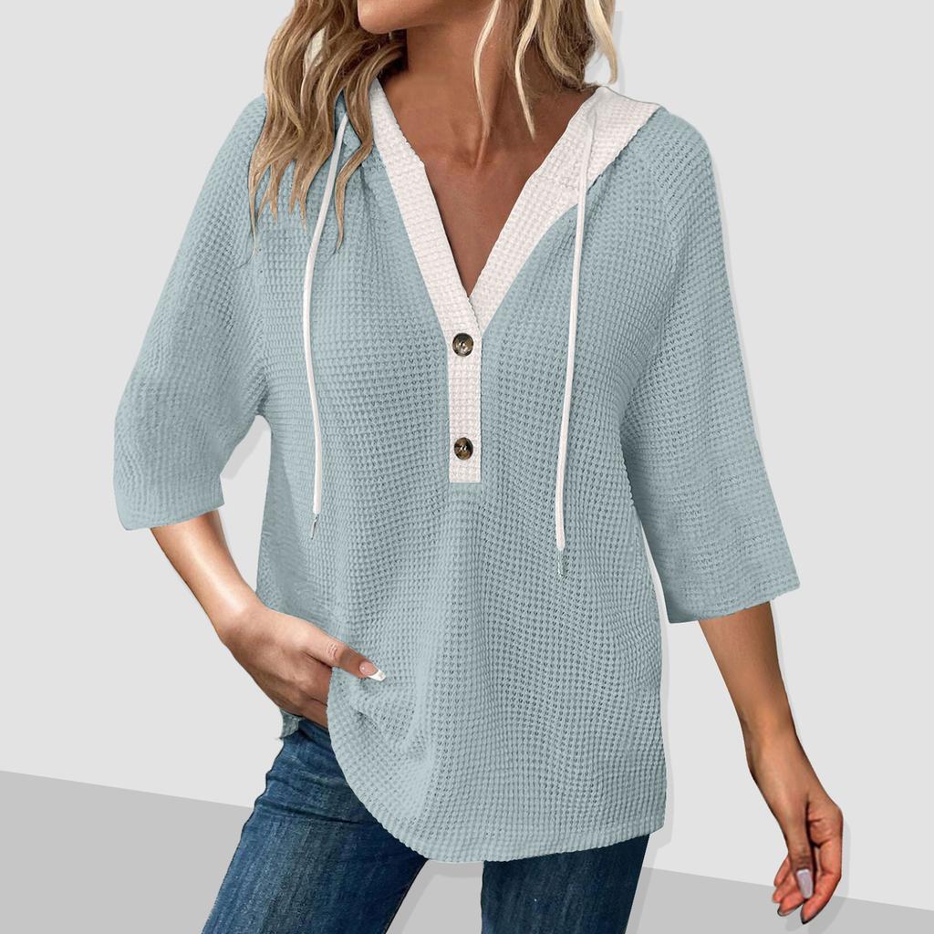 Women's Fashion Colour Block Sleeve Hooded Button V-Neck Casual Hooded Sweatshirt Top