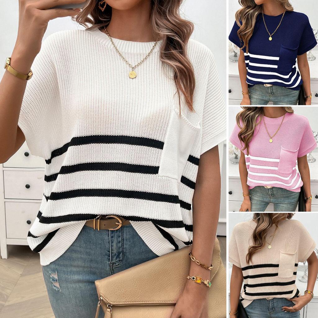 Women's Round Neck Striped Color Block Short Sleeve Sweater