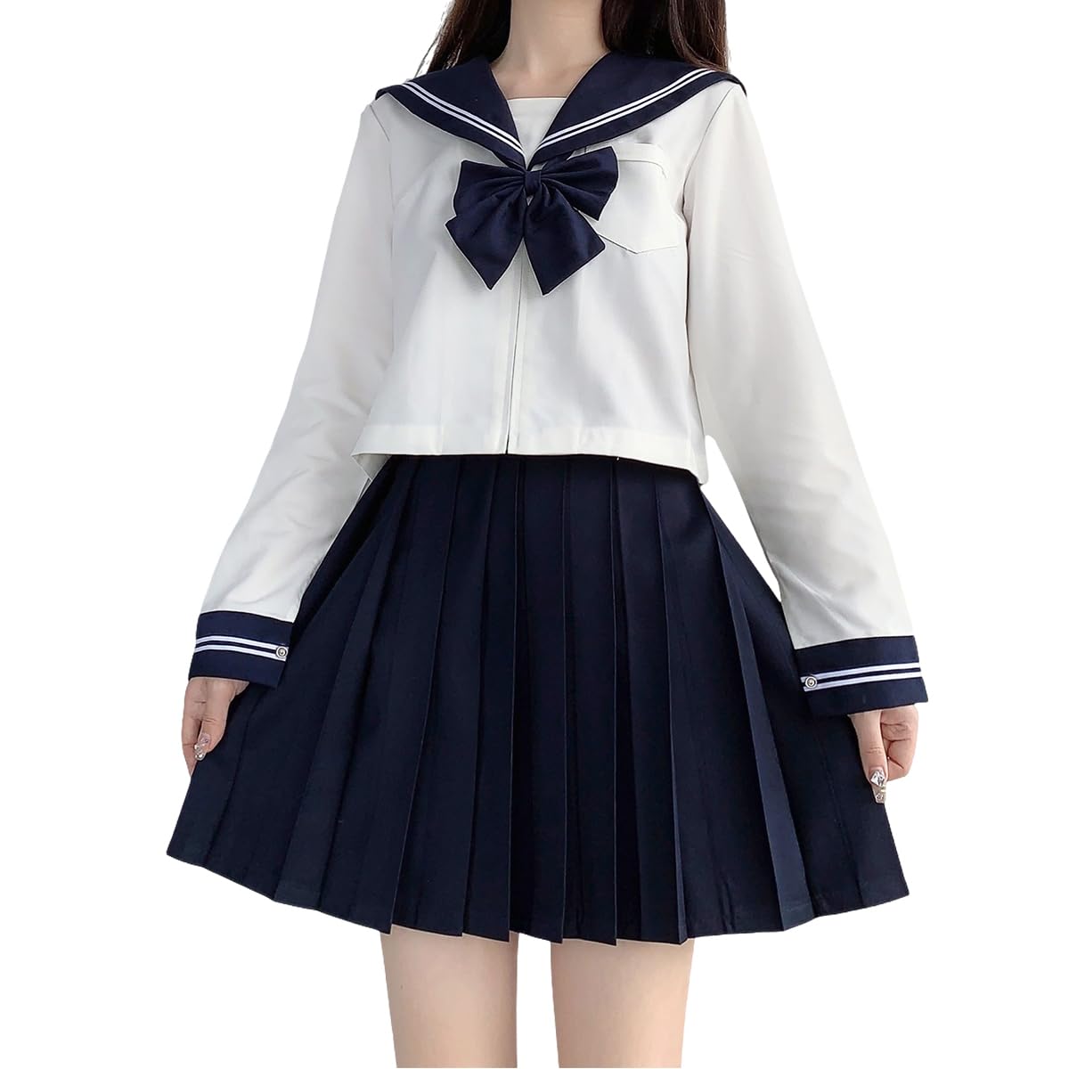 

GSYCL Sailor Navy Long Short High School Bow JK Top and Bottom Perfect for Cultural Plus Cute Sleeve Uniform, Blue, Sleeve, Sleeve, Girl, Tie, 3-Piece