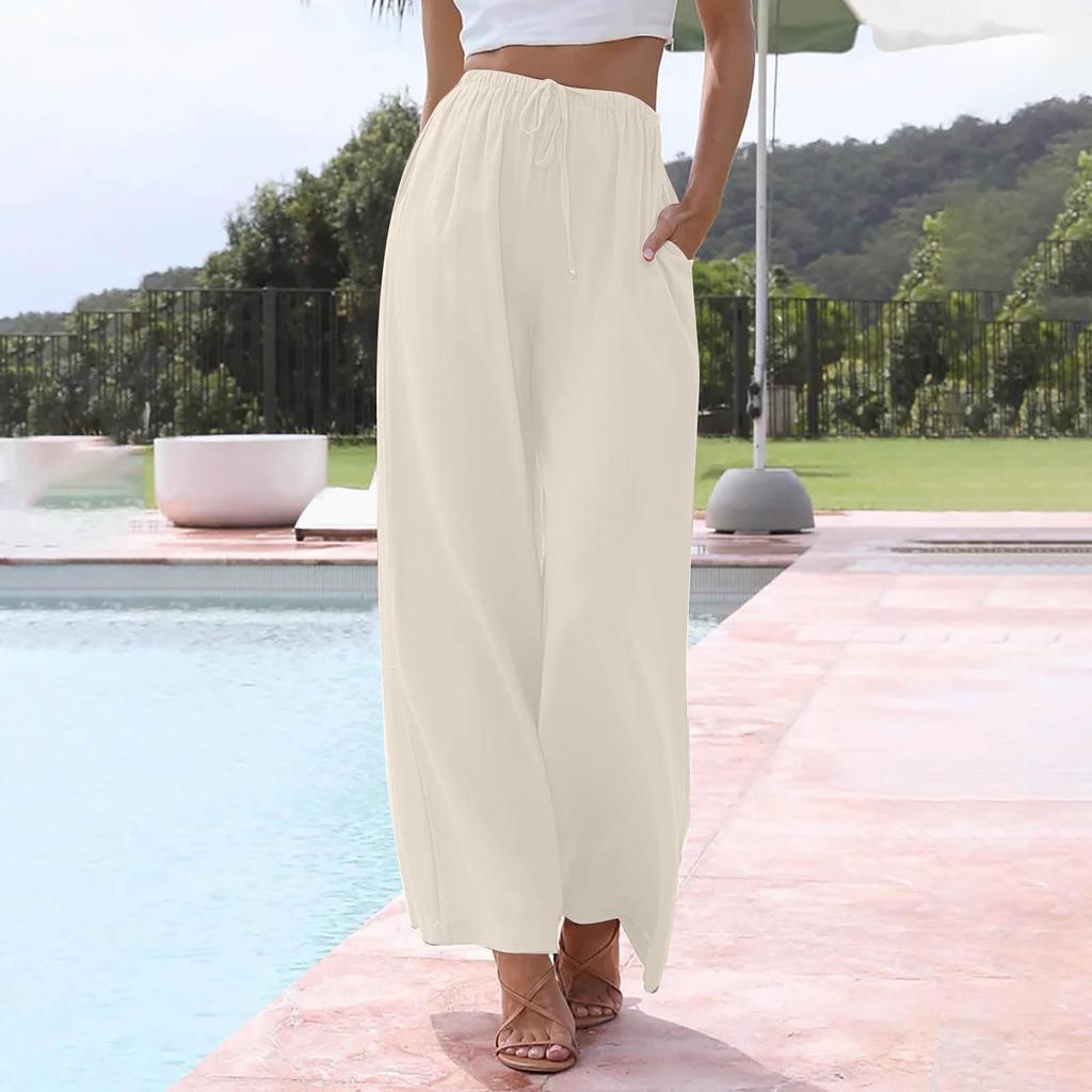 Women's Cotton Linen Summer Wide Leg Pants Flowy Wide Leg Color Beach Pants With Pockets
