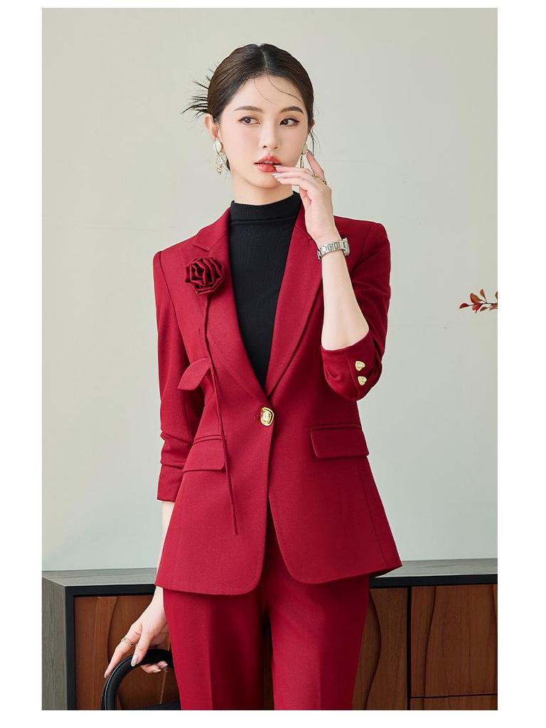 Korean Style Women's Red Slim Fit Suit Jacket, Long Sleeve, Petite, Formal Wear 2025
