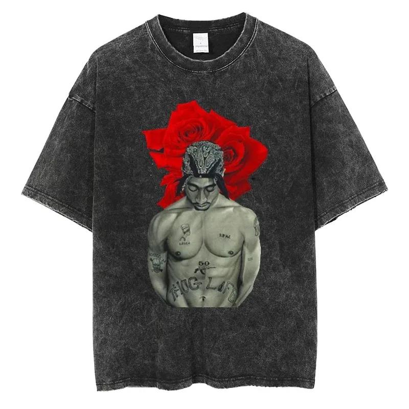 Tupac T-shirts Quality Cotton Vintage Tshirt Y2K Harajuku Men Hip Hop Short Sleeve Tees Black Oversized Fashion Streetwear