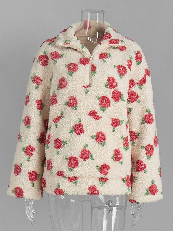 Худи на флисовой подкладке для осени/зимы с цветочным узором, стильный женский топ M красный