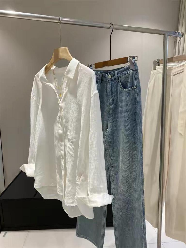 Hochwertiges Französisches Weißes Baumwoll-Leinenhemd für Damen – Sommer Lockerer Schnitt, Langarm, Sonnenschutz, Old Money Stil.