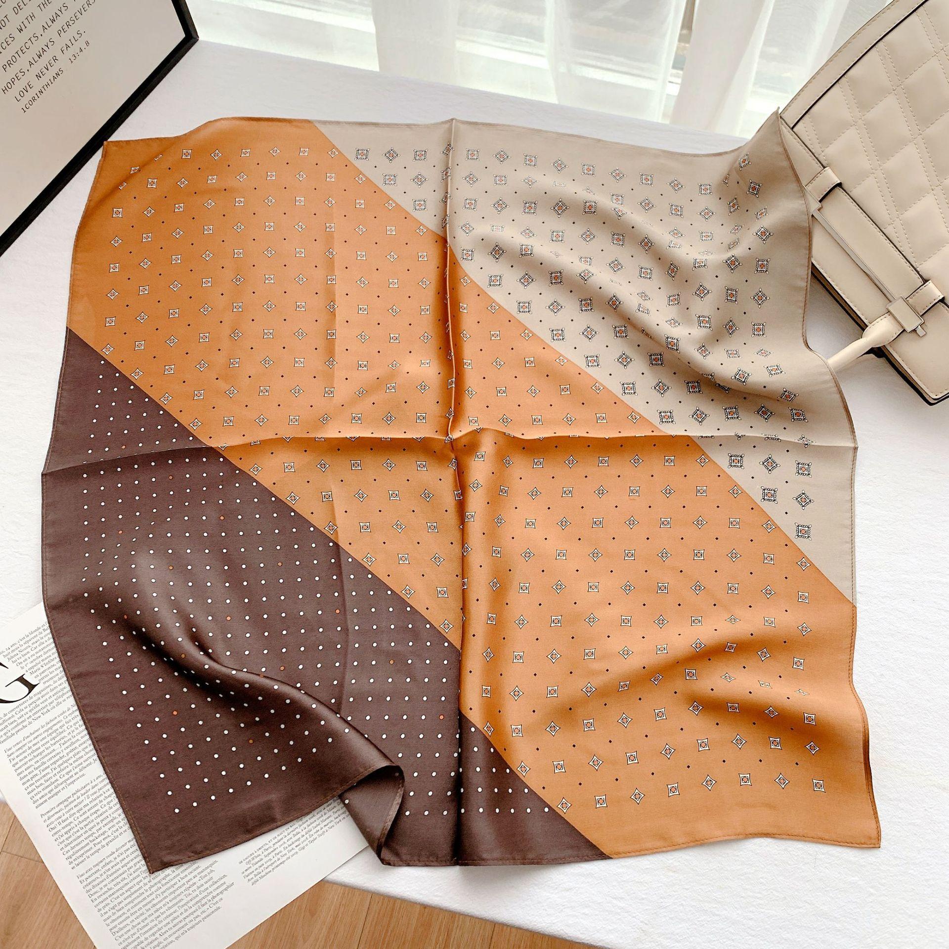 2022 new orange lattice silk scarf women s summer thin simple versatile color lattice mulberry silk square scarf 68*68cm темно-коричневого