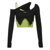 Zelený Color Blocking Top Slim Tričko Sexy Čistá Touha Y2k Streetwear Dámský Krátký Top Dlouhý Rukáv Nepravidelný Výstřih Falešné Dva Kusy Jaro Léto