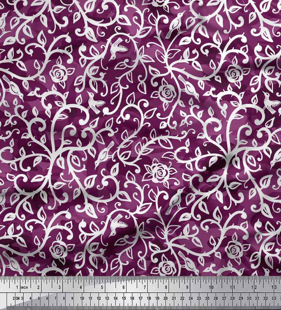 

Японська креп-атласна тканина Soimoi з листям, принтом з квітами птахів і троянд 1 метр 42 дюйма 42 Inch Wide - Poly Crepe фіолетовий