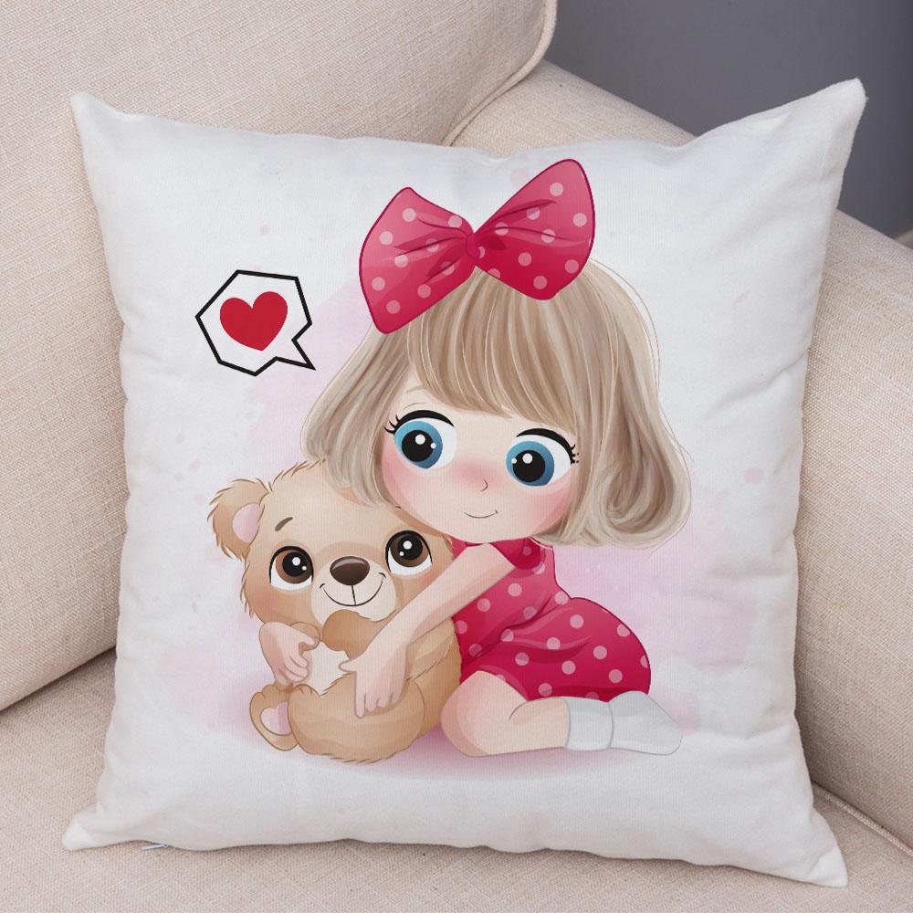 Children's Room Sofa Home Pillowcase Cute Cartoon Girl and Cat Pillowcase Decoration Cute Animal Cushion Cover