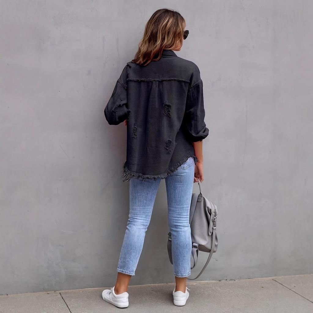 Women's Solid Color Ripped Denim Shirt - Long Sleeve, Loose Fit Bestseller