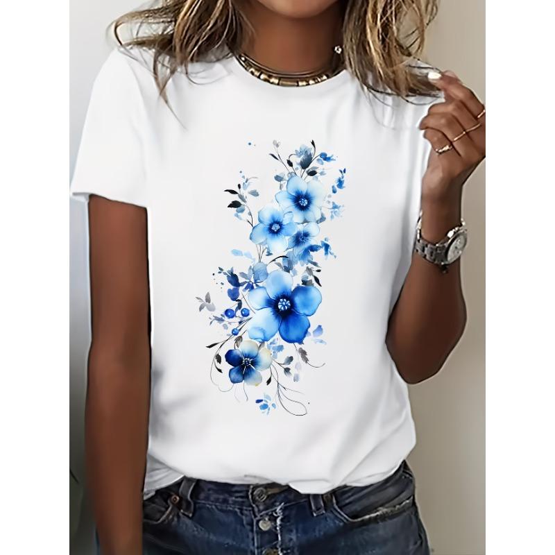 Watercolor printed T-shirt, summer casual comfortable T-shirt XS