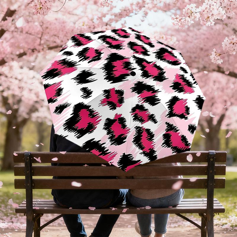 1PC Leopard Print Pink Umbrella-8-Rib Reinforced, Automatic Open, Lightweight & Durable, Cute Fashion Accessory for Outdoor-A1310