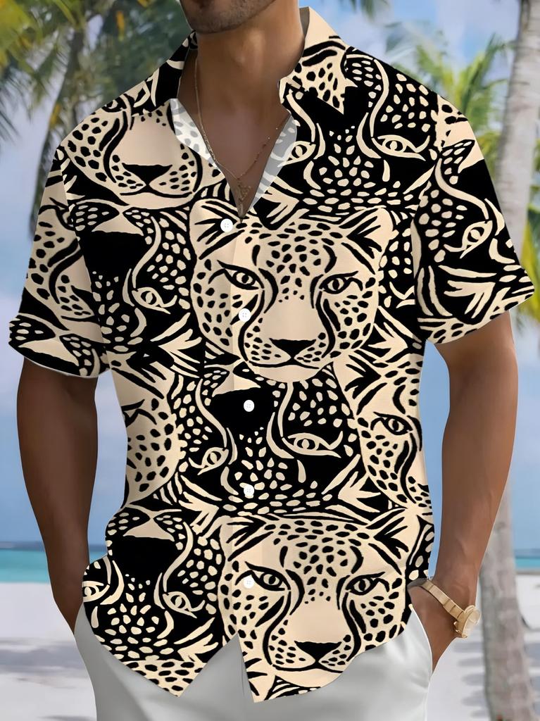 3D Print Hawaiian Leisure Animal Leopard Shirt for Men, Stylish Casual Short-Sleeve Shirt with Buttons And a Collar, Men'S Summer Hawaiian Shirt
