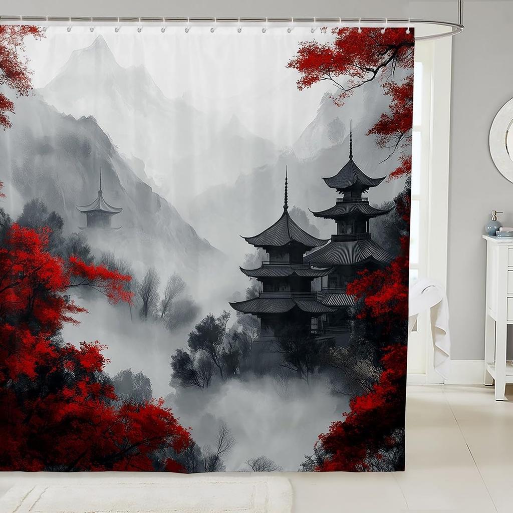 Boys Girls Japan Style Shower Curtain Japanese Geisha Bath Curtain Cherry Blossoms Bathroom Accessories Kids Teens