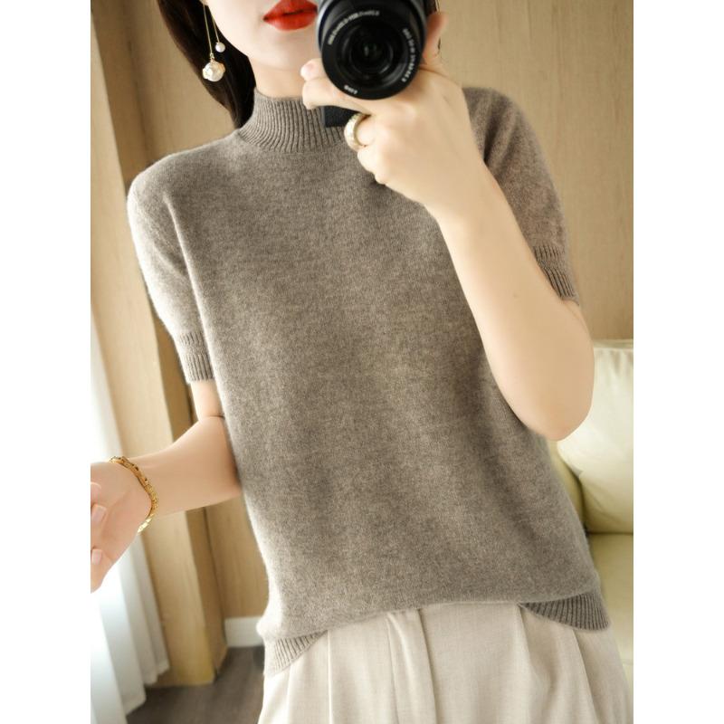 

Женский вязаный свитер с коротким рукавом, круглым вырезом, свободного кроя, с коротким низом, свитер с рукавом до локтя, тонкий свитер со средним рукавом, топ XL верблюд