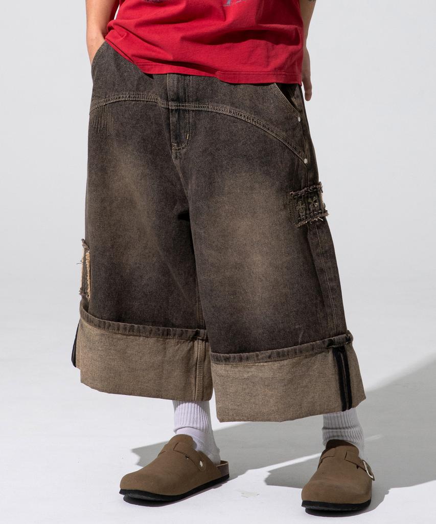 XTONZ Xp284 Boro Patchwork Bermuda Denim Pants (Brown)