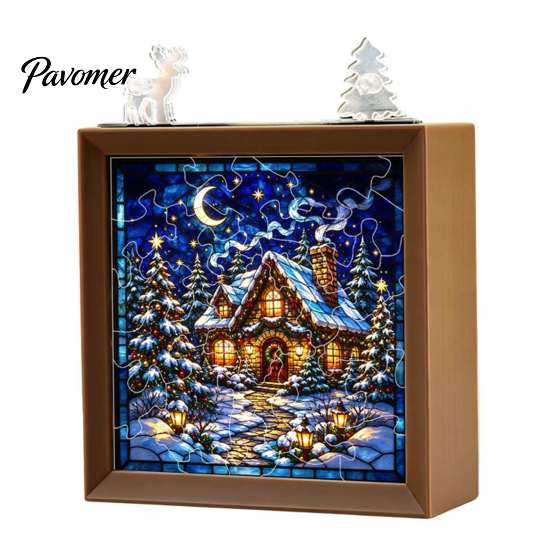 Decorative Room Lighting Christmas Acrylic Puzzle Night Light with Wooden Frame, DIY Stained Glass Style Creative Gift for Kids Jigsaw Lamp