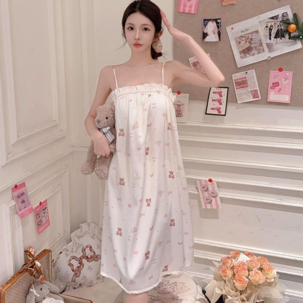 Girl Sleepwear Ice Silk Bear Nightdress Summer Loungewear For Teen Girls
