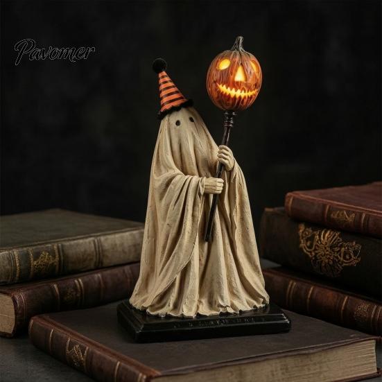 Desktop Halloween Skulptur Beleuchtete Geisterfigur mit Fernbedienung, Vintage Harzstatue Leuchtende Kürbis Dekoration für Kamin Zepter,
