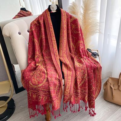 Modny Damski Zimowy Ciepły Szal Kaszmirowy - Vintage Kwiatowy Nadruk Obraz Olejny Z Frędzlami Pashmina Gruby Otulacz