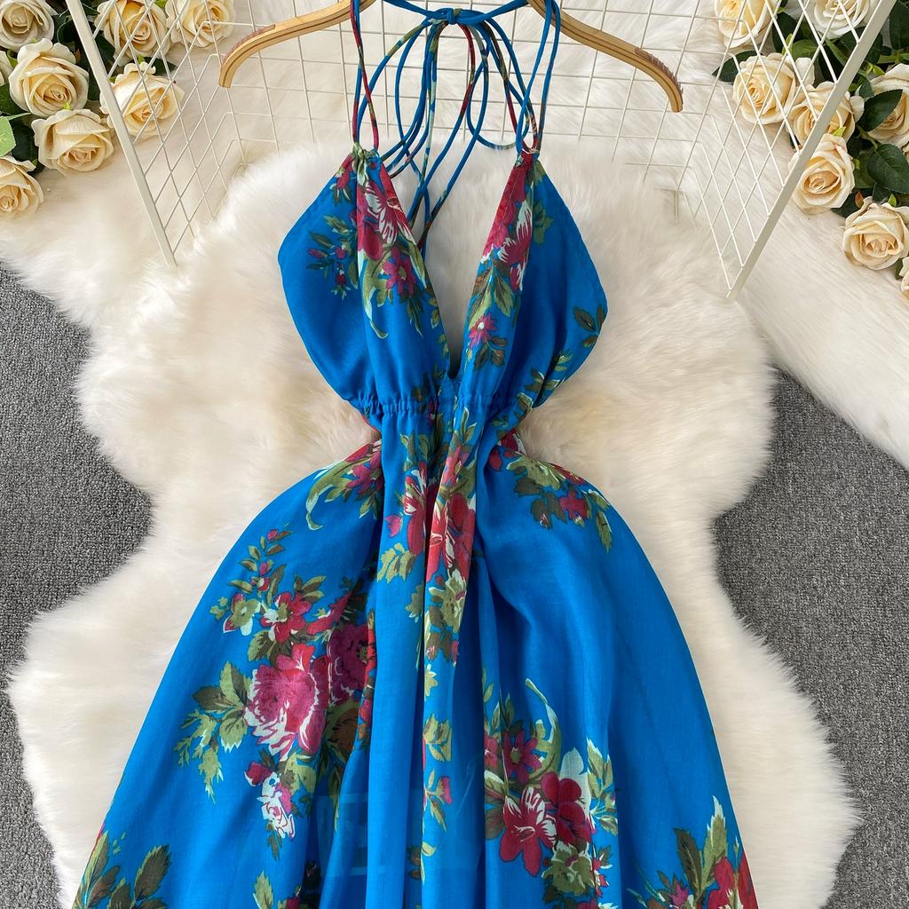 Summer Women Sexy V-neck Halter Open Back Print Long Maxi Holiday Beach Dresses