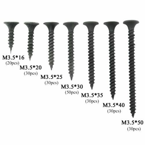 TAORAYO Black Cross Recessed Countersunk Wood Screws, 220 Pieces, 7 Sizes (3.5mm X 16mm/20mm/25mm/30mm/35mm/40mm/50mm), Self-Tapping Screws, Truss Hea
