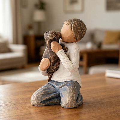 Puppy And Boy Figurine Kneeling Boy In Blue Jeans Holding Dog Statue Resin Sculpture for Bedroom Office Desk Bookshelf Decor Gifts for Dog Lovers