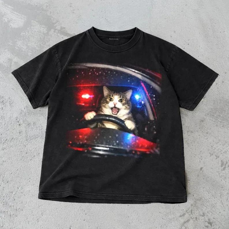 Funny Cat Vintage Cat Memes Graphic Tee, Retro Unhinged Oversized T- Shirt 4XL