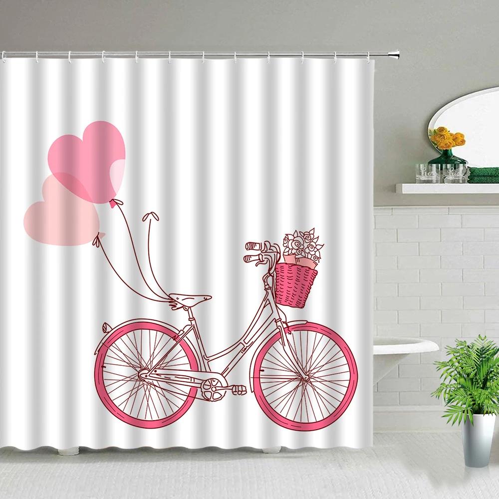Retro Old Street Building Bicycle Landscape Shower Curtains European Style Poster Bathroom Curtain Waterproof Fabric With Hooks