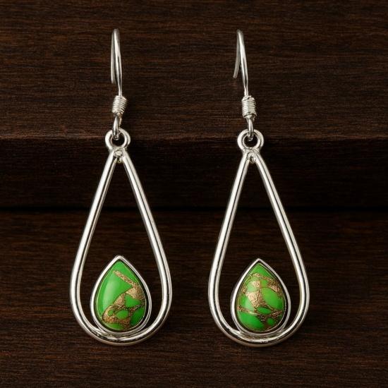 Handmade Green Turquoise Teardrop Earrings, 925 Solid Sterling Silver, Pear Cut Gemstone Jewelry