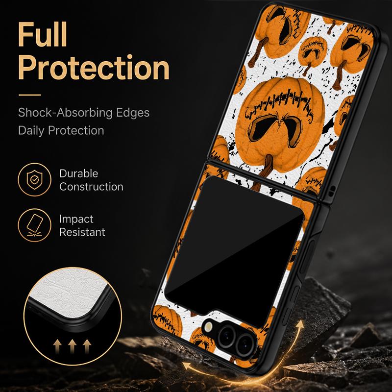 Halloween Pumpkin Lantern Case For Samsung Z Flip 8 7 FE 6 5 4 Hybrid Leather Skin Hard PC Bumper Cover For Galaxy Z Flip8 Flip7 Flip6 Flip5