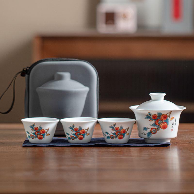 

White Porcelain Tea Tureen Portable Gaiwan Set Picnic Outdoor Tea Set Practical Opening Business Souvenir Gift for Clients Funny
