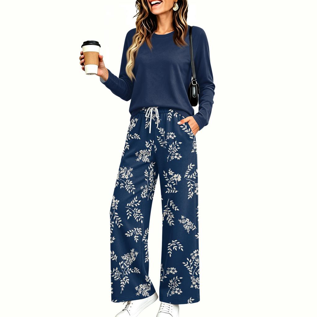Women's Casual Pajama Set with Pockets, Long Sleeve Neck Loose Fit Printed Sleepwear