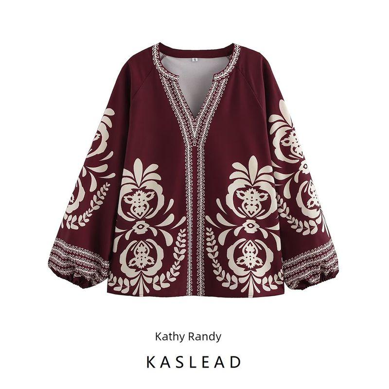 Kaslead New Arrival Women's Fashion Style Fashion Minimalist Loose V Neck Positioning Print Long Sleeves Shirt