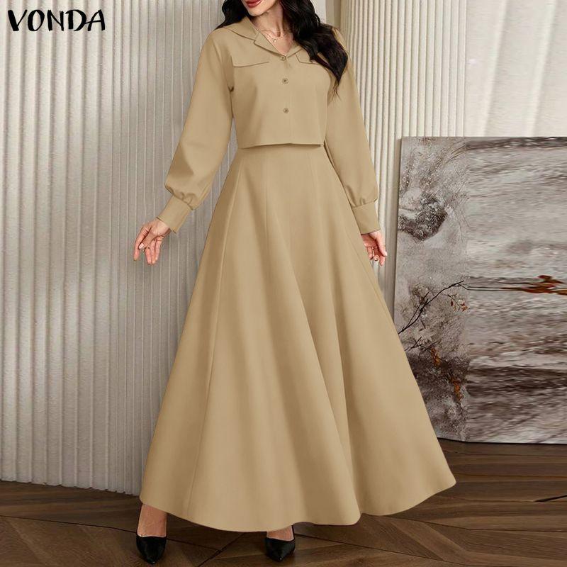 VONDA 2PCS Women Long Sleeve Hooded Tops and Sleeveless Skirts Casual Two Piece Suit Sets