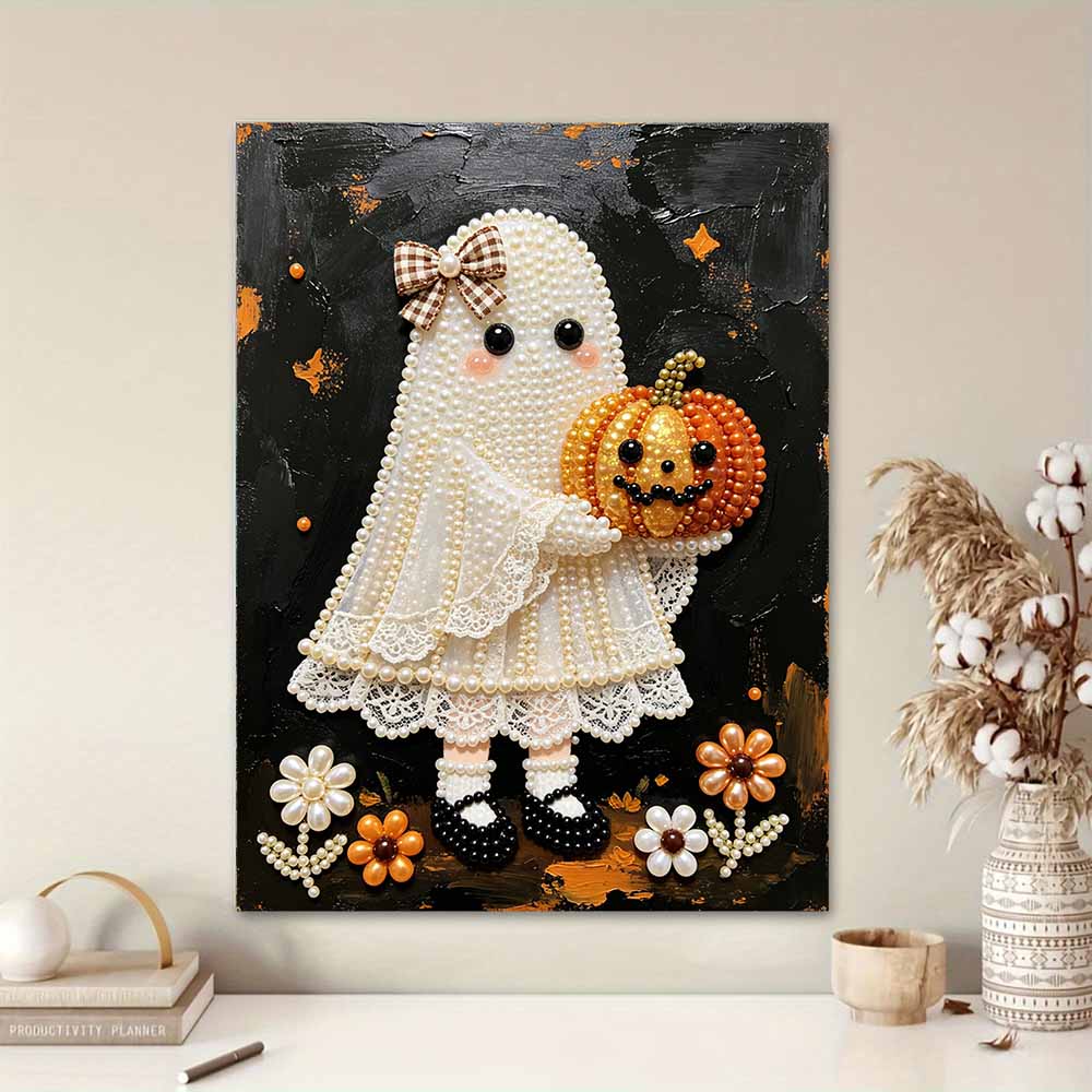 Frameless Pearl Bead Painting Kit Cute Ghost with Pumpkin Design DIY Handmade Craft Canvas for Home Wall Decor Autumn Festival Art