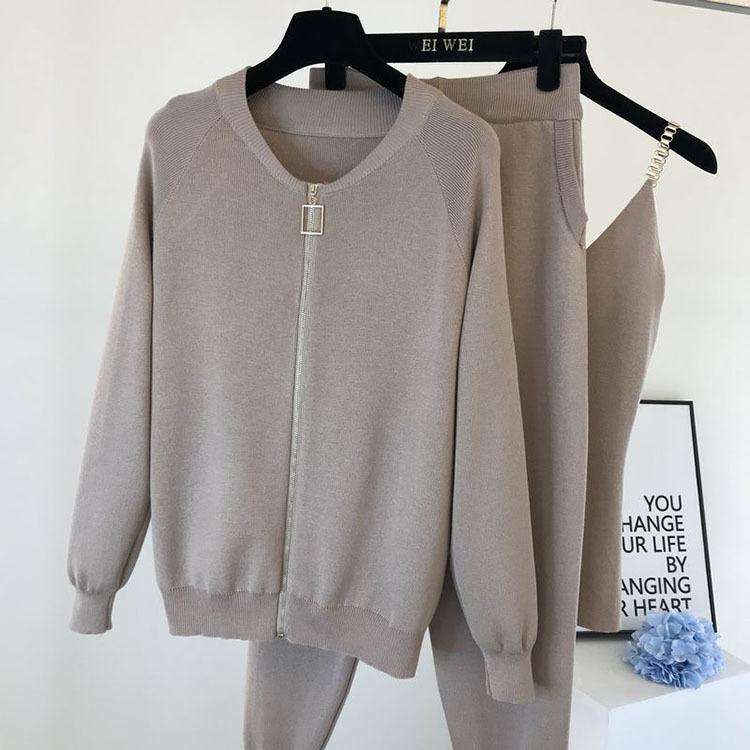 3 teile/satz Gestrickte Pullover Anzug Casual Kette Weste Gestrickte Jacke + Elastische Hosen Drei-stück Sets Frauen Outfits