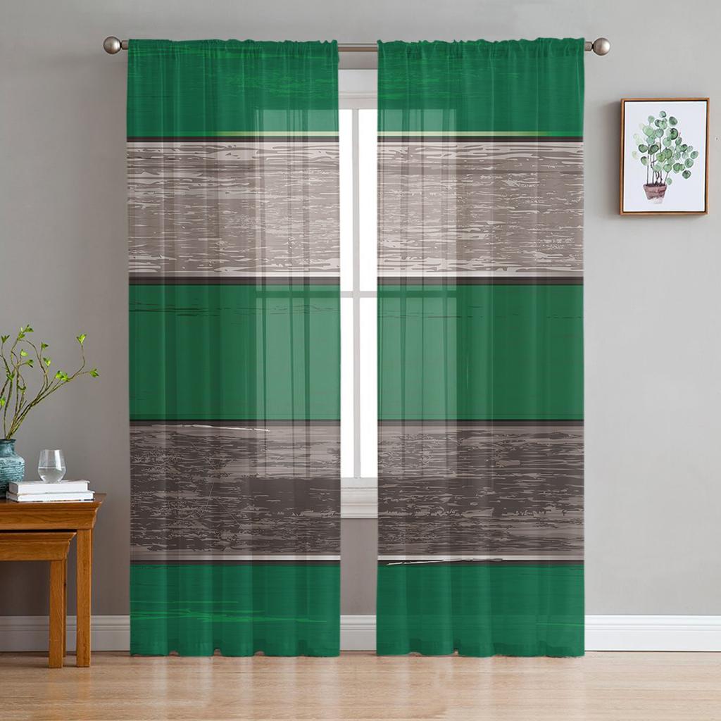 Vintage Farm Wood Grain Forest Green Sheer Curtains for Living Room Decoration Window Curtains Kitchen Tulle Voile Curtains