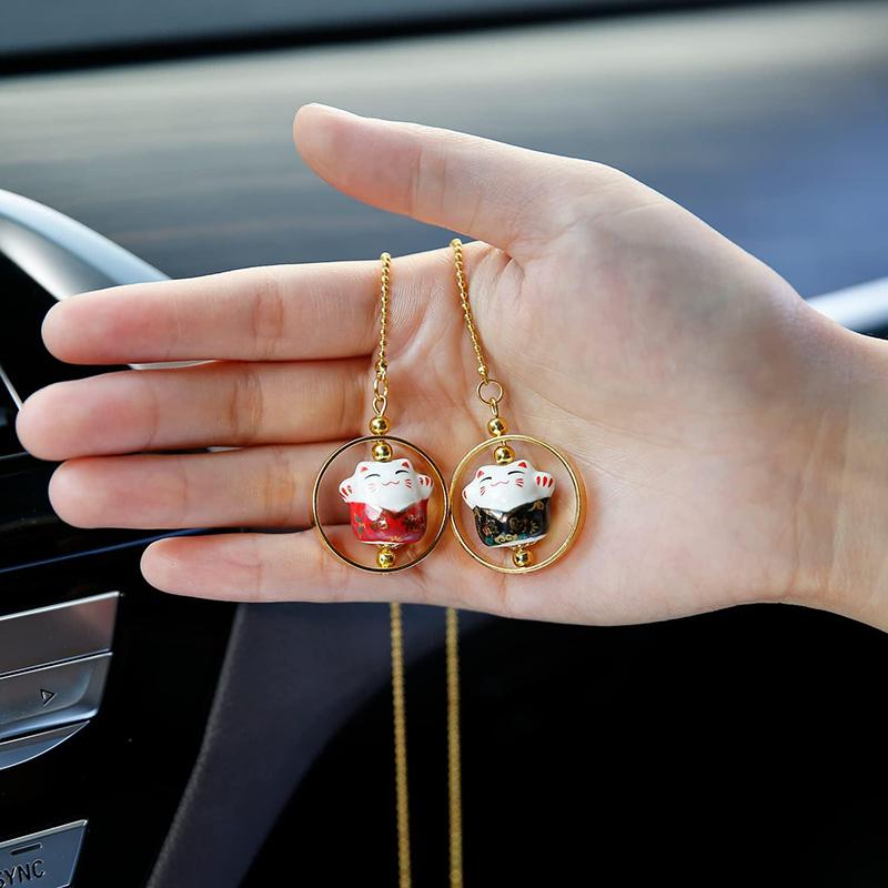 Car Pendant Lucky Cat Car Rearview Mirror Decoration Ceramics Alloy Hanging Ornaments Gift Auto Mirror Accessories for Girls