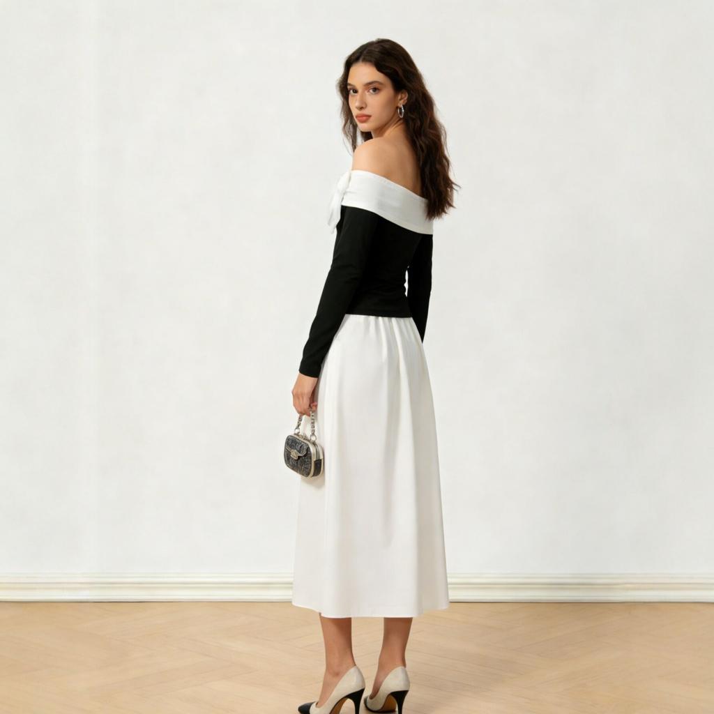 Popular, black and white contrasting colors, shoulder bow top, slim and thin long-sleeved bottoming shirt for women