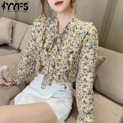 Women's Fashion Casual Spring Fall Flower Pattern Print Long Sleeve V-Neck Blouses & Shirts