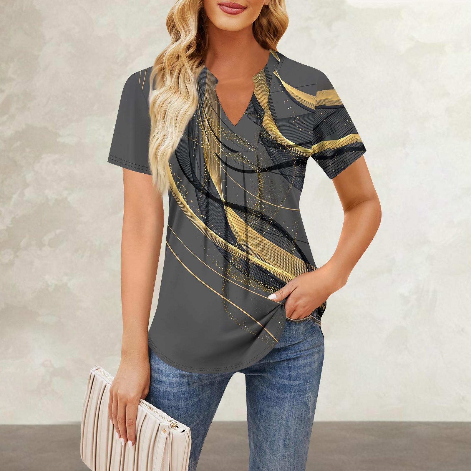 Женская повседневная свободная футболка с коротким рукавом и v-образным вырезом на груди — фото 14