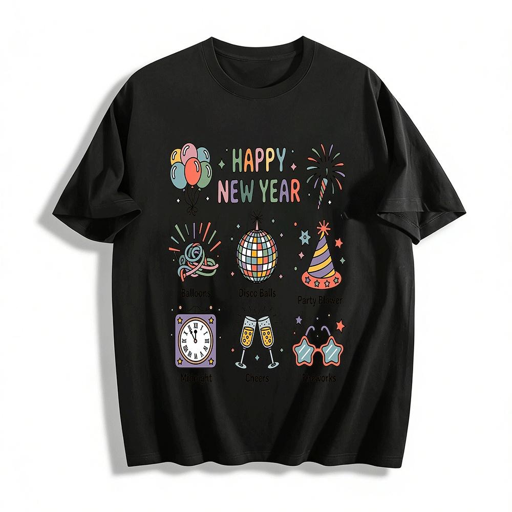 

Happy New Year Party Graphic Tee Balloon Disco Ball Cheers Print Top Pure cotton T-shirt XXS