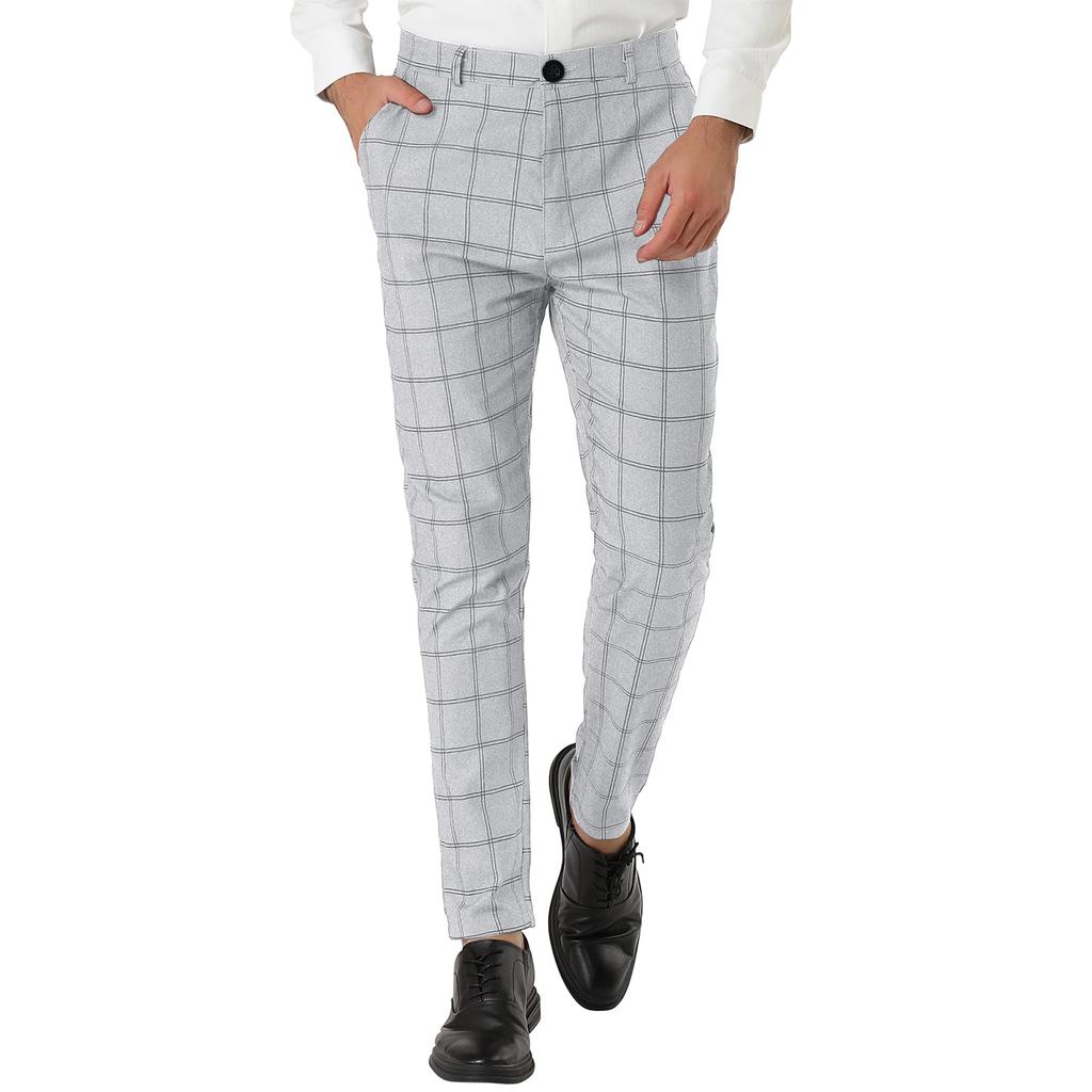 Men's Dress Plaid Slim Fit Flat Front Business Pants With Pockets
