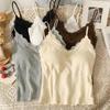 Débardeur sans manches pour femme, couleur unie, version coréenne, col en V, slim, coutures en dentelle, avec coussinet de poitrine