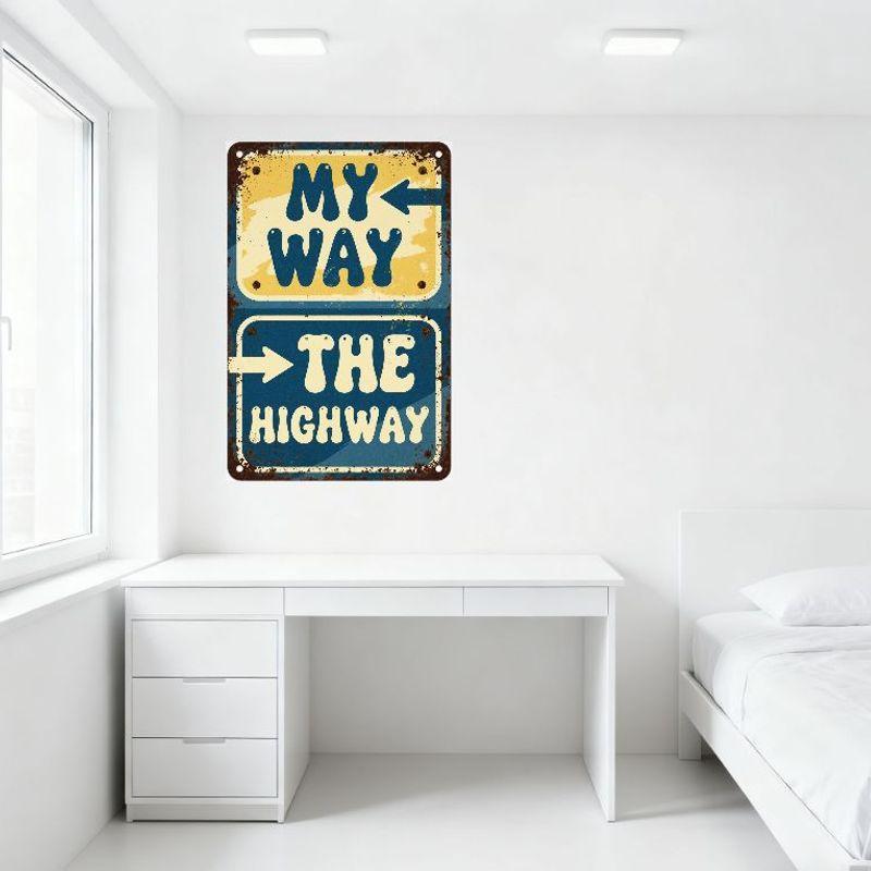 Vintage 'My Way, The Highway' Metal Tin Sign Blue Yellow Rustic Wall Plaque for Bar Man Cave Home Decor Aged Retro Art Decoratio