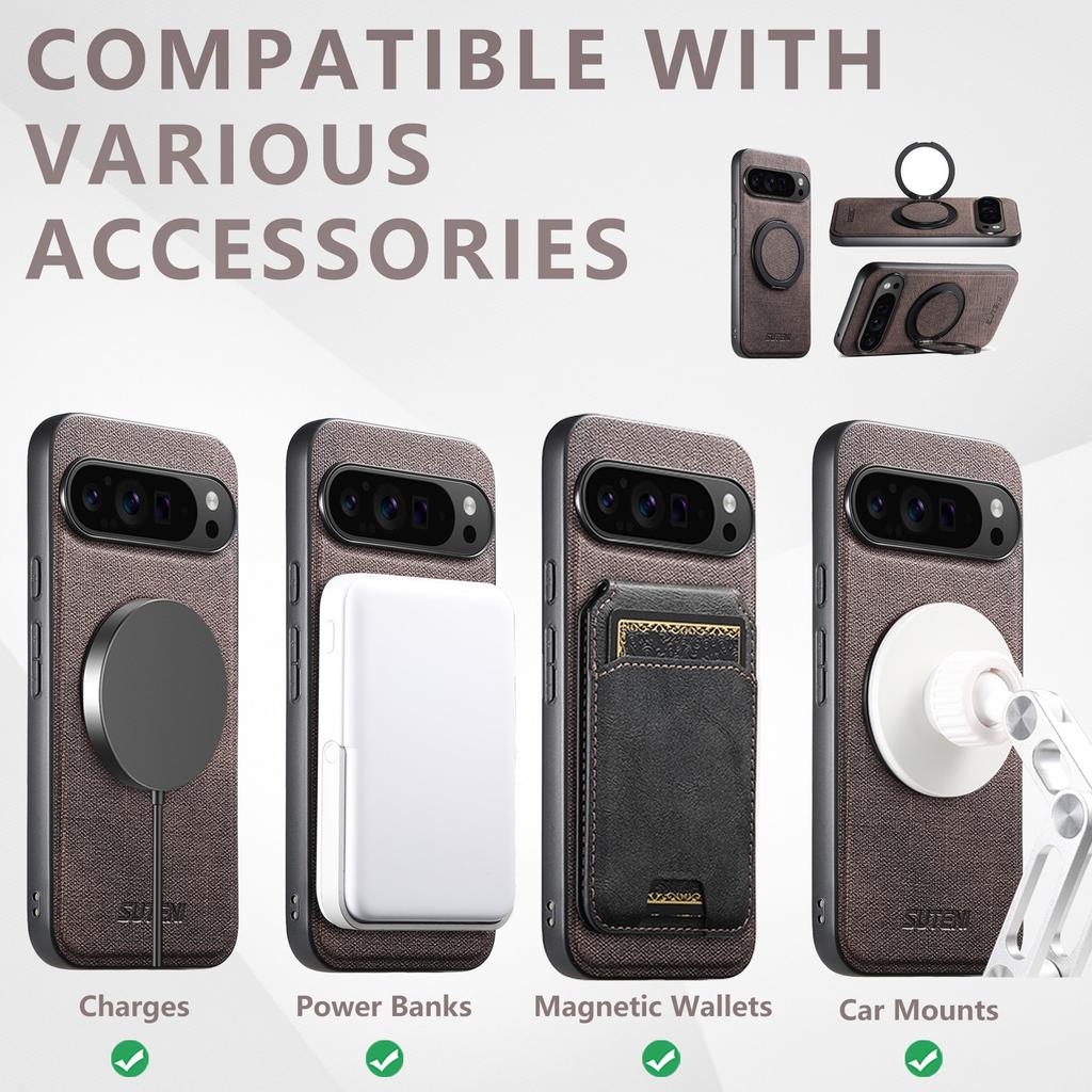 SUTENI G3 For Google Pixel 10 Pro XL Magnetic Case Rotating Ring Kickstand Jeans Texture PU TPU Phone Back Cover