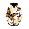 Mens Hooded Zip-Up Sweatshirt With 3D Butterfly Print Stand-Up Collar Front Patch Pockets Loose Fit Fall Casual Wear