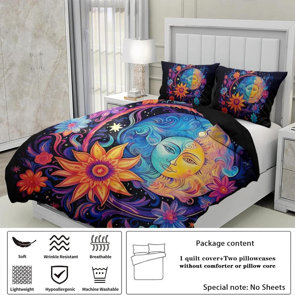 3pcs Sun and Moon face pattern printed bedding set 1*duvet cover+2*pillowcasefor teenagers and adult bedroom birthday gift